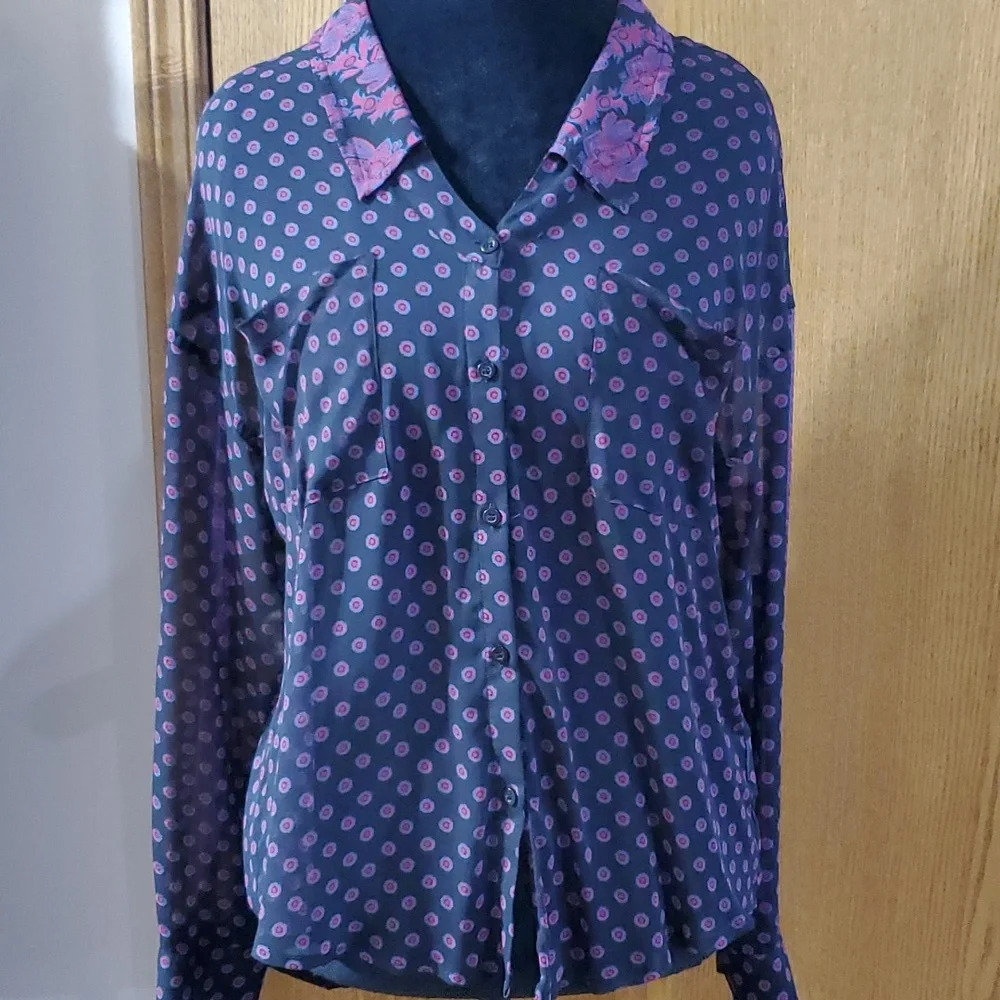Free people navy purple medallion pattern sheer top